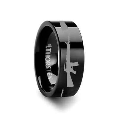 M16 Print Design Engraved Flat Tungsten Black Ring - 4mm - 12mm