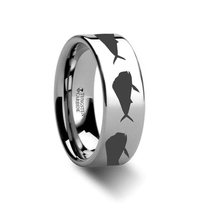 Mahi Fish Jumping Sea Print Pattern Engraved Flat Tungsten Ring - 4mm - 12mm