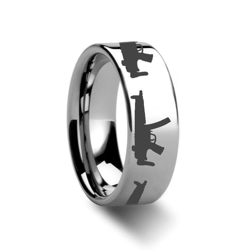 MP5 Firearm Design Ring Engraved Flat Tungsten Ring - 4mm - 12mm - Thorsten Rings