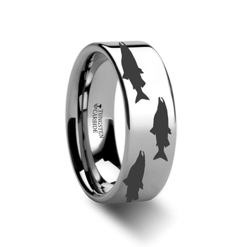 Salmon Fish Sea Print Pattern Ring Engraved Flat Tungsten Ring - 4mm - 12mm - Thorsten Rings