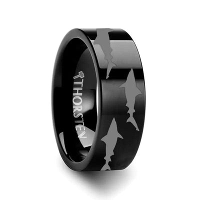 Shark Predator Fish Sea Print Pattern Engraved Flat Black Tungsten Ring - 4mm - 12mm
