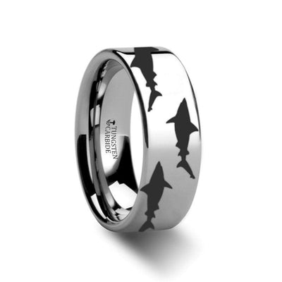 Shark Predator Fish Sea Print Pattern Engraved Flat Tungsten Ring - 4mm - 12mm