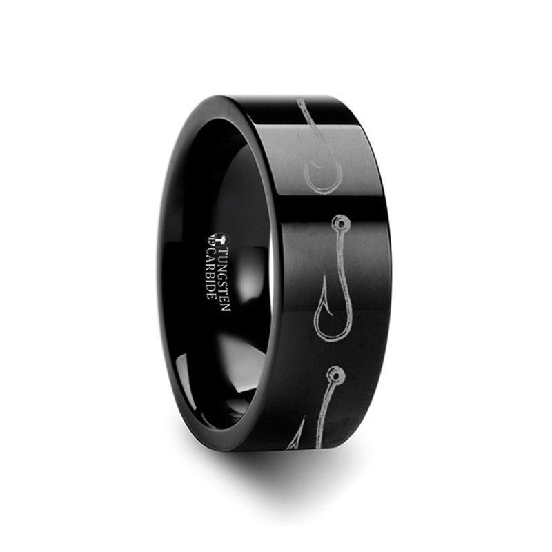 Simple Artistic Fishing Hook Pattern Ring Engraved Flat Black Tungsten Ring - 4mm - 12mm - Thorsten Rings