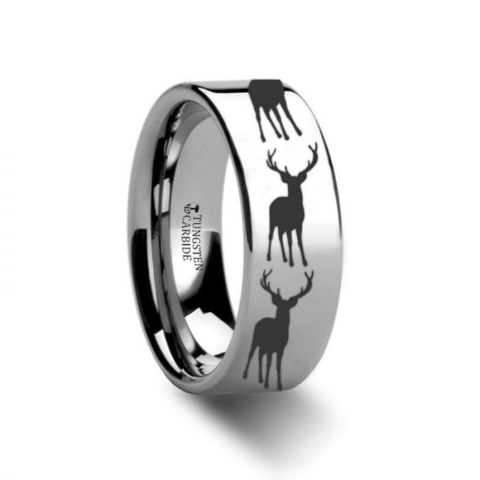 Stag Fawn Deer Elk Print Ring Engraved Flat Tungsten Ring - 4mm - 12mm - Thorsten Rings