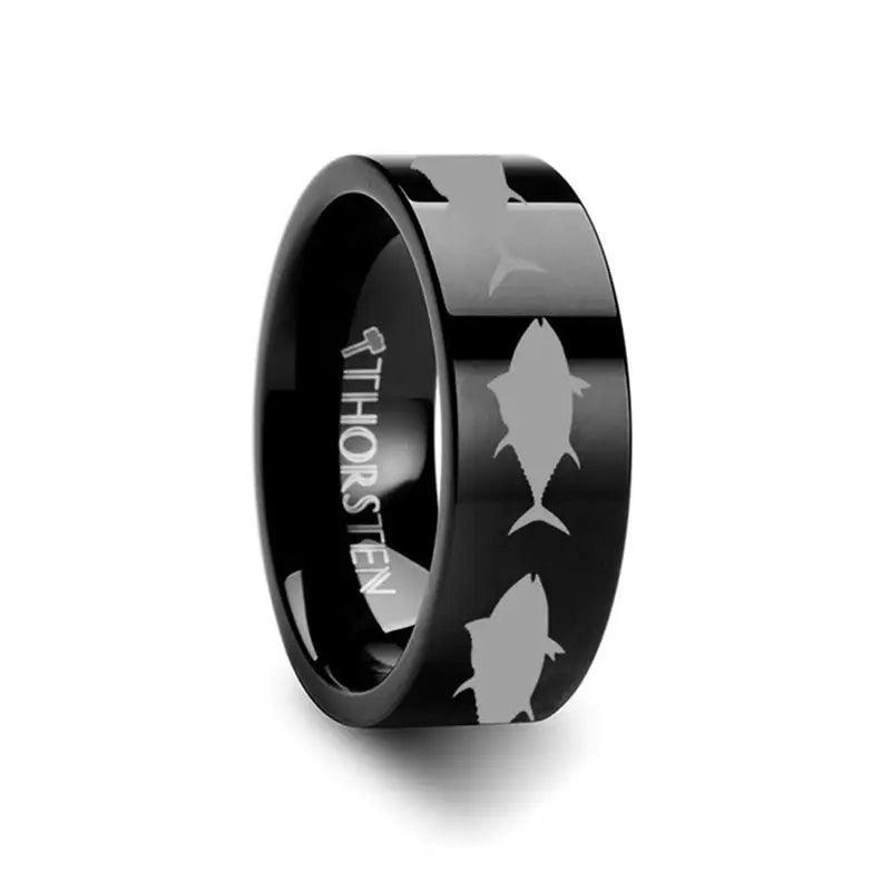 Tuna Fish Jumping Sea Print Pattern Engraved Flat Black Tungsten Ring - 4mm - 12mm
