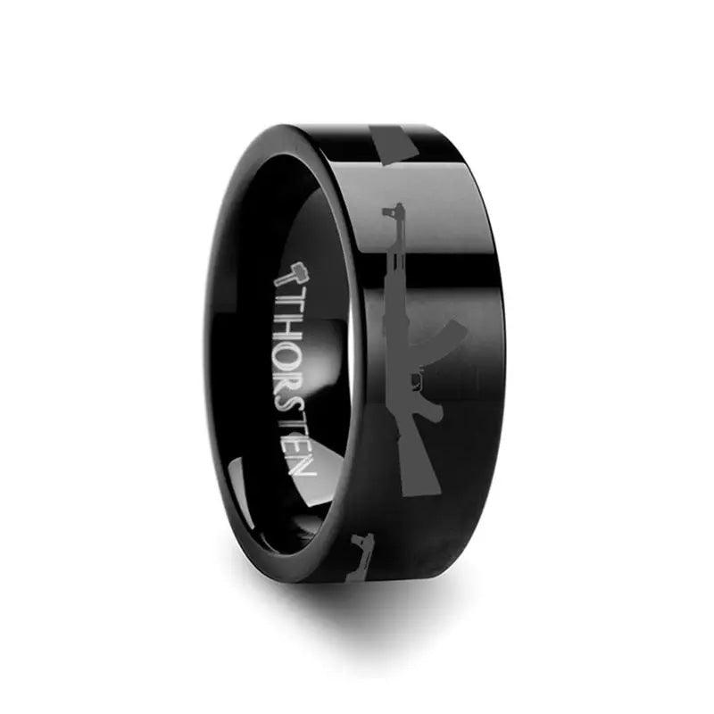 AK-47 Print Design AK47 Engraved Flat Tungsten Black Ring - 4mm - 12mm