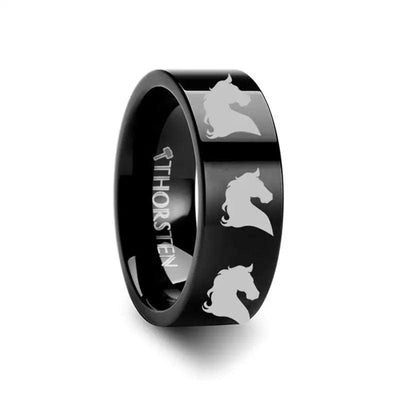 Animal Horse Head Print Engraved Flat Black Tungsten Ring - 4mm - 12mm