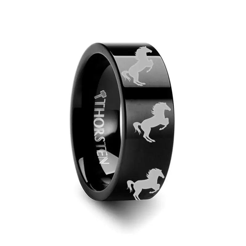 Animal Horse Hind Legs Print Engraved Flat Black Tungsten Ring - 4mm - 12mm