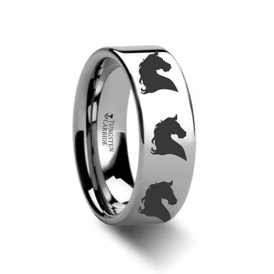 Animal Horse Head Print Engraved Flat Tungsten Ring - 4mm - 12mm