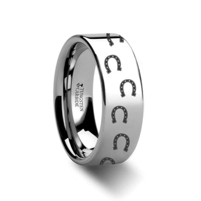 Animal Horse Shoe Print Engraved Flat Tungsten Ring - 4mm - 12mm