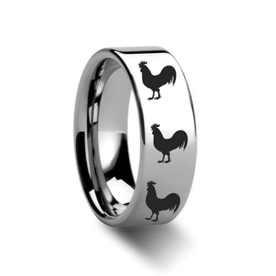 Animal Rooster Print Engraved Flat Tungsten Ring - 4mm - 12mm