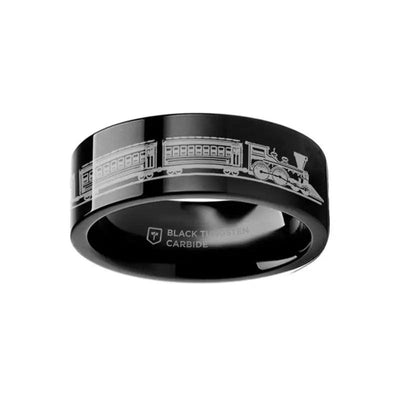 Conductor Long Train Railroad Trolly Landscape Engraved Flat Tungsten Ring - 4mm - 12mm