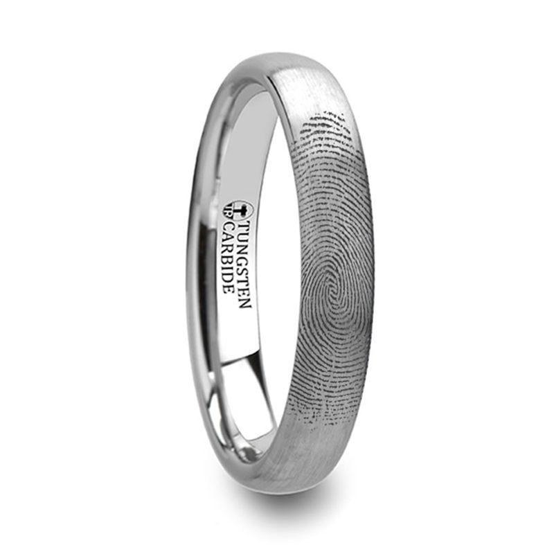 Fingerprint Engraved Domed Tungsten Brushed Ring- Perseus - 4mm - 12mm