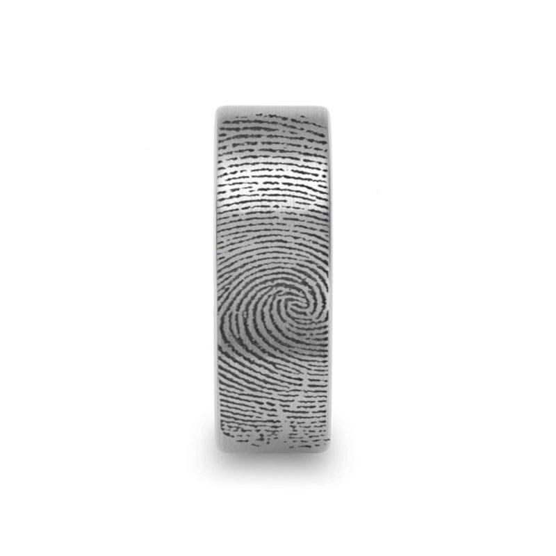Fingerprint Engraved Flat Pipe Cut Tungsten Brushed Ring - Mercury - 4mm - 12mm