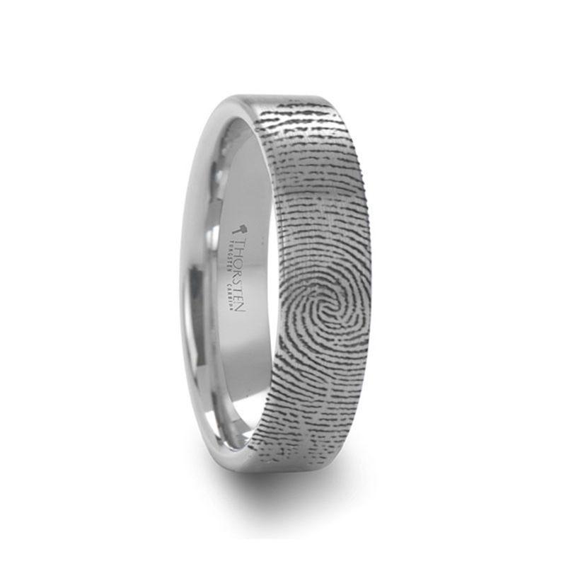 Fingerprint Engraved Flat Pipe Cut Tungsten Brushed Ring - Mercury - 4mm - 12mm