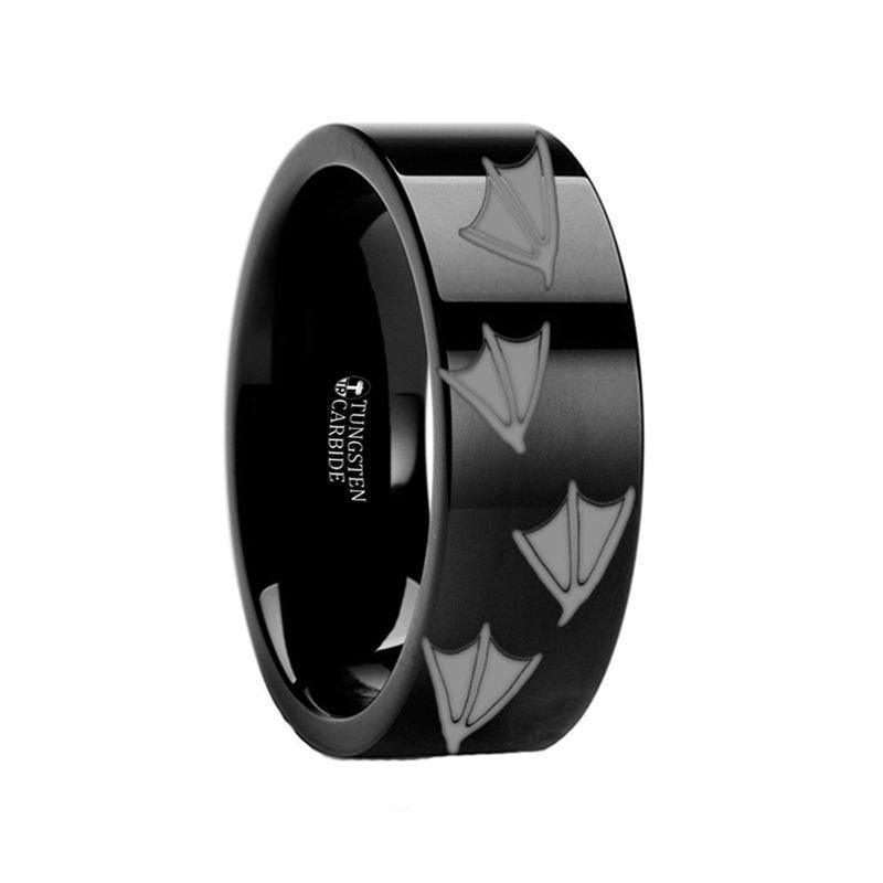Animal Track Duck Print Engraved Flat Black Tungsten Ring Polished- 4mm - 12mm - Thorsten Rings