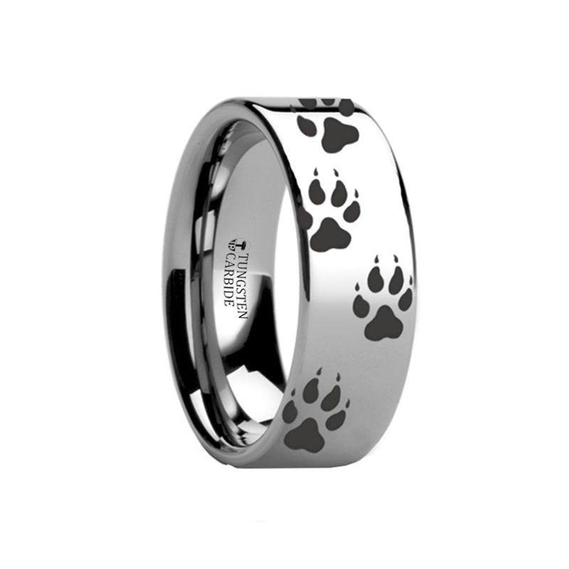 Animal Track Wolf Print Ring Engraved Flat Tungsten Polished- 4mm - 12mm - Thorsten Rings