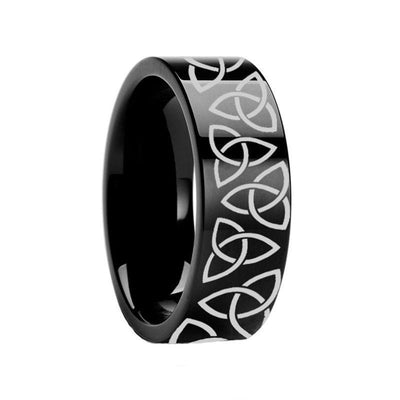Triquetra Celtic Trinity Engraved Flat Black Tungsten Ring Polished - 4mm - 12mm