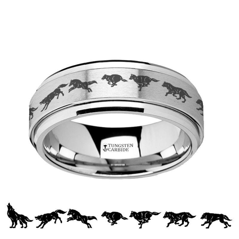 Spinning Engraved Running Wolf Tungsten Carbide Spinner Wedding Band - 8mm - Thorsten Rings