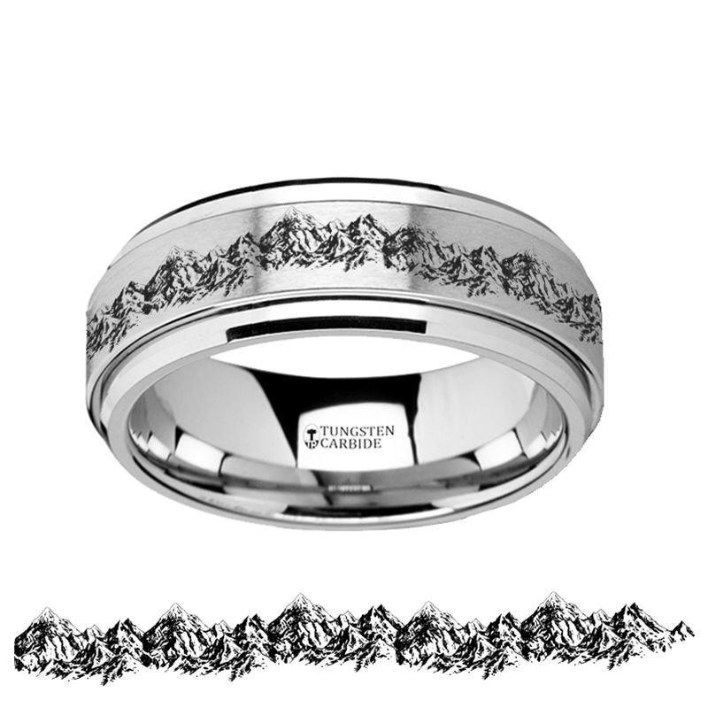 Spinning Engraved Mountain Range Tungsten Carbide Spinner Wedding Band - 8mm - Thorsten Rings