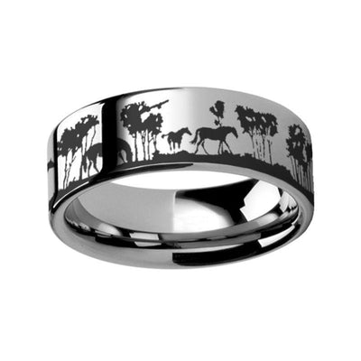 Animal Landscape Wild Horse Scene Engraved Flat Tungsten Ring - 4mm - 12mm