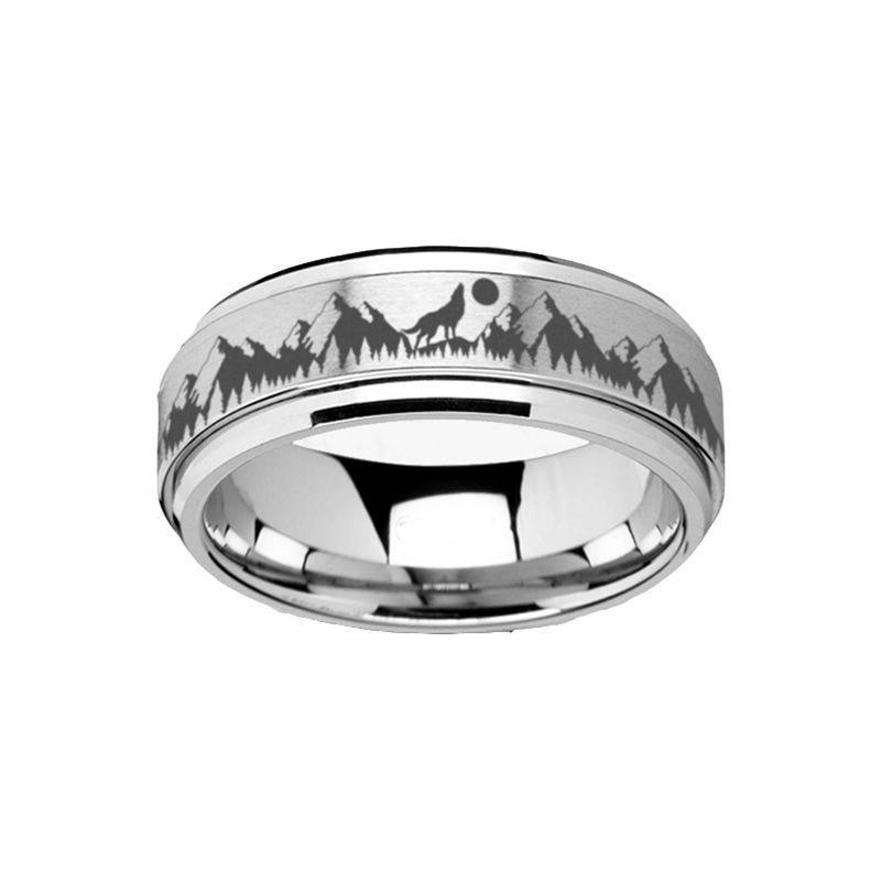 Spinning Engraved Mountain Wolf Moon Tungsten Carbide Spinner Wedding Band - 8mm - Thorsten Rings