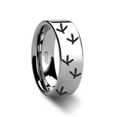 Quail Bird Track Print Engraved Flat Tungsten Ring - 4mm - 12mm