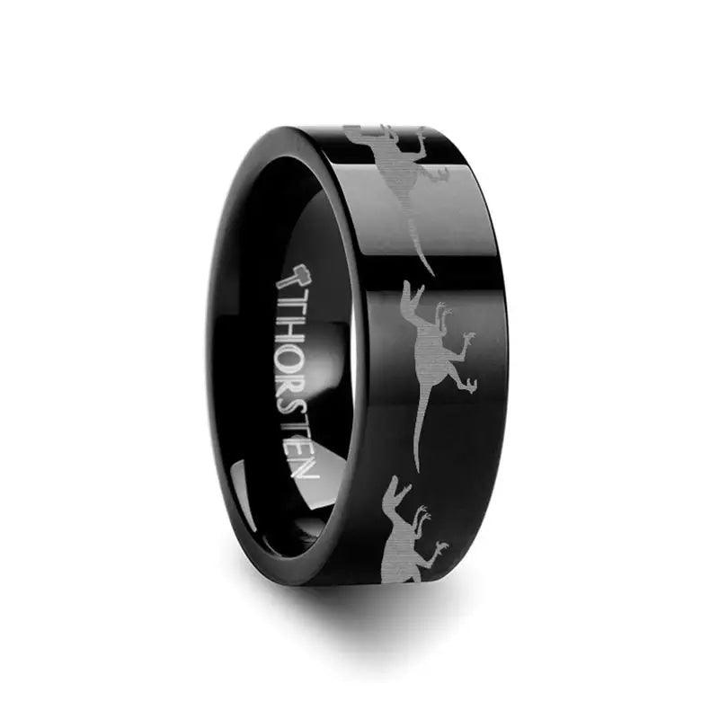 Dinosaur Raptor Velociraptor Prehistoric Paleo Engraved Flat Black Tungsten Ring - 4mm - 12mm