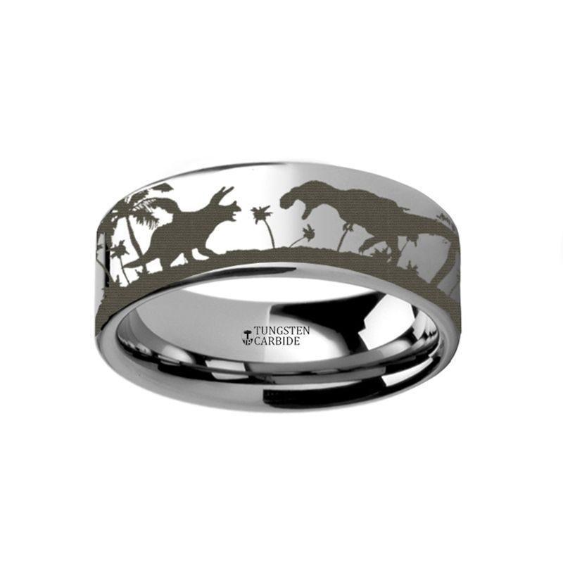Prehistoric Dinosaur Jurassic Themed Portrait Ring Engraved Flat Tungsten Ring - 4mm - 12mm - Thorsten Rings