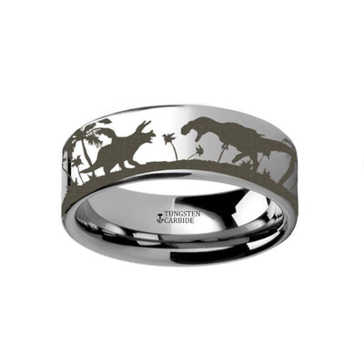 Prehistoric Dinosaur Jurassic Themed Portrait Engraved Flat Tungsten Ring - 4mm - 12mm