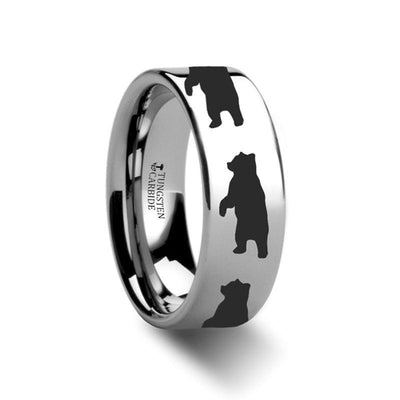 Animal Standing Bear Engraved Flat Tungsten Ring - 4mm - 12mm