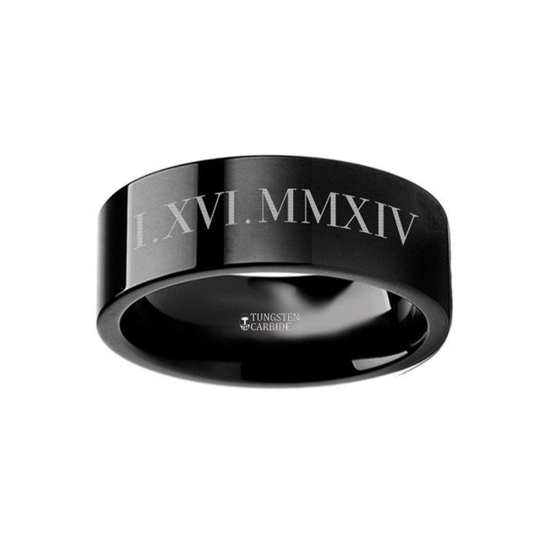 Roman Numeral Date Engraved Flat Black Tungsten Ring Polished - 4mm - 12mm - Thorsten Rings