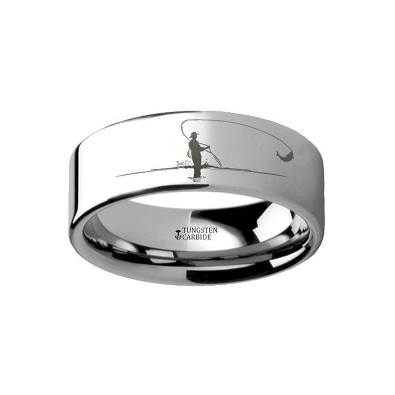 Hunting Landscape Scene Fly Fishing Fishermen Fish Ring Engraved Flat Tungsten Ring - 4mm - 12mm - Thorsten Rings