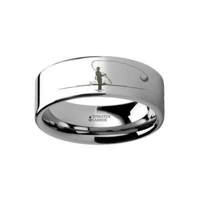 Hunting Landscape Scene Fly Fishing Fishermen Fish Engraved Flat Tungsten Ring - 4mm - 12mm
