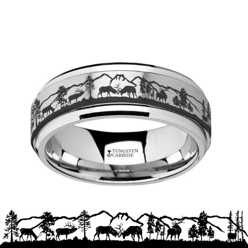 Spinning Engraved Elk Deer Stag Mountain Range Tungsten Carbide Spinner Wedding Band - 8mm - Thorsten Rings