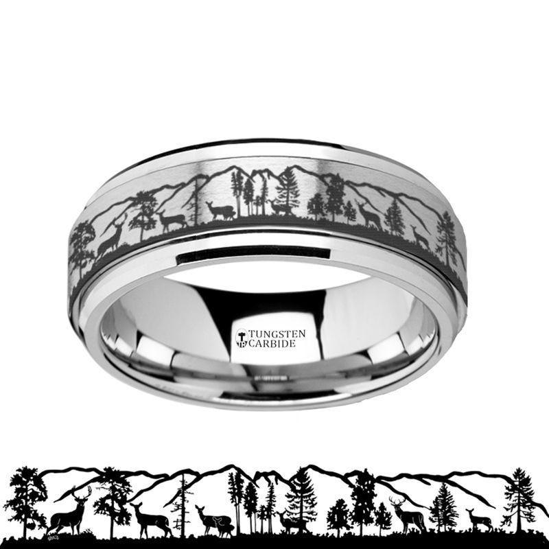 Spinning Engraved Roaming Deer Stag Tungsten Carbide Spinner Wedding Band - 8mm - Thorsten Rings
