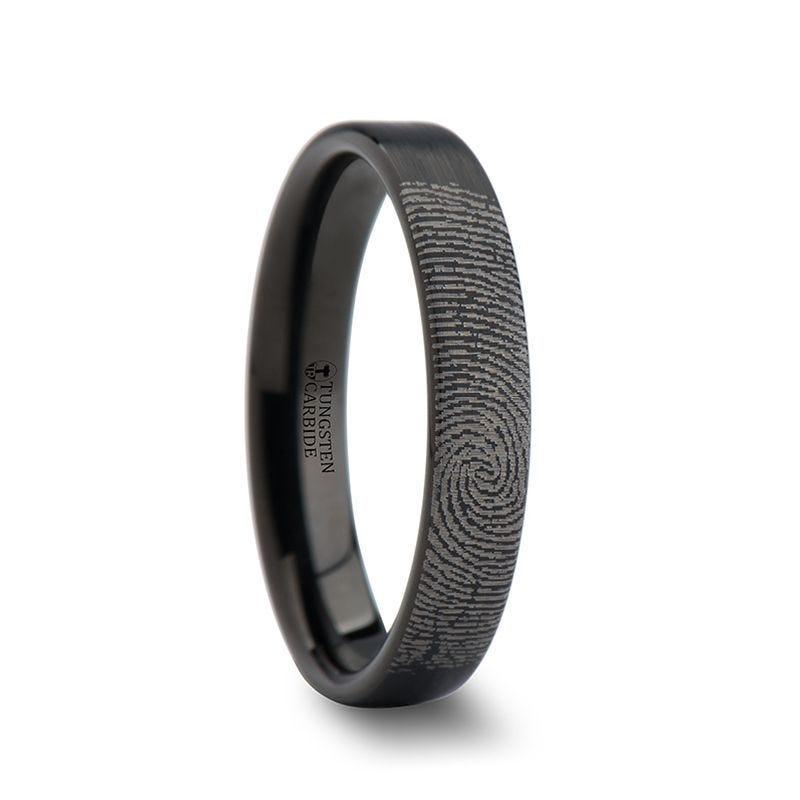 Fingerprint Engraved Flat Pipe Cut Black Tungsten Ring Brushed - San Antonio - 4mm - 12mm - Thorsten Rings