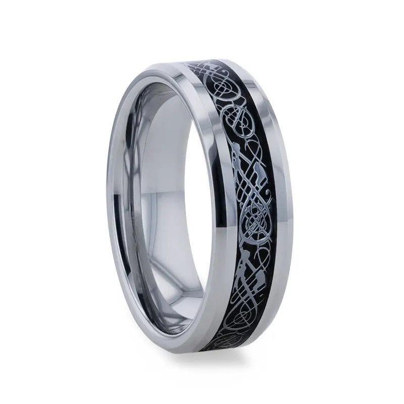 SEPTARIAN Tungsten Carbide ring with beveled edges and Metal Swirl Dragon Inlay Thorsten - 8mm - Thorsten Rings