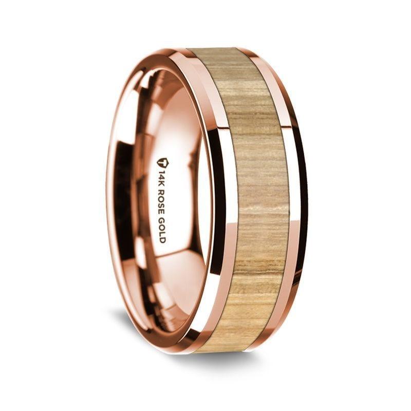 14K Rose Gold Polished Beveled Edges Wedding Ring with Ash Wood Inlay - 8 mm - Thorsten Rings