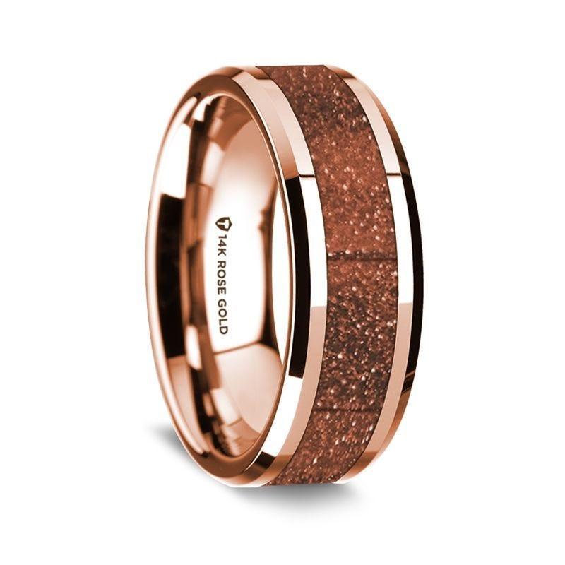 14K Rose Gold Polished Beveled Edges Wedding Ring with Orange Goldstone Inlay - 8 mm - Thorsten Rings
