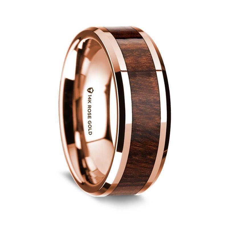 14K Rose Gold Polished Beveled Edges Wedding Ring with Carpathian Inlay - 8 mm - Thorsten Rings