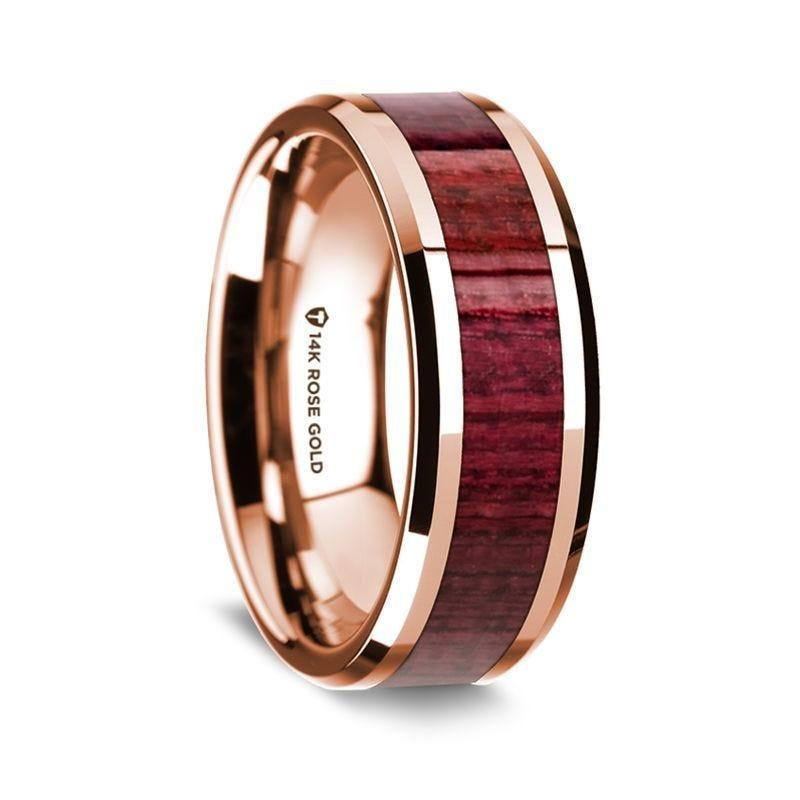 14K Rose Gold Polished Beveled Edges Wedding Ring with Purple Heart Wood Inlay - 8 mm - Thorsten Rings