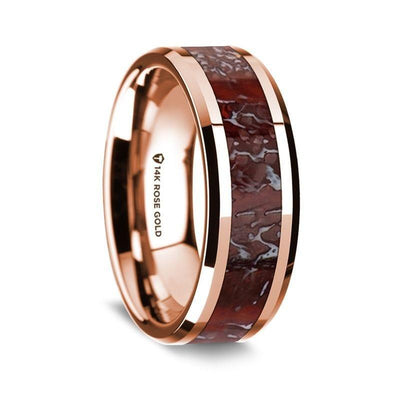 14K Rose Gold Polished Beveled Edges Wedding Ring with Red Dinosaur Bone Inlay - 8 mm