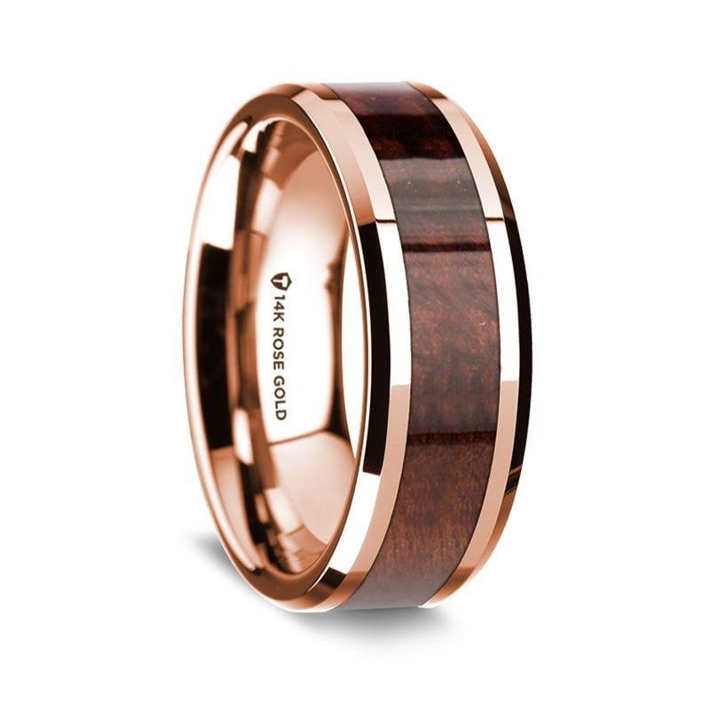 14K Rose Gold Polished Beveled Edges Wedding Ring with Redwood Inlay - 8 mm - Thorsten Rings