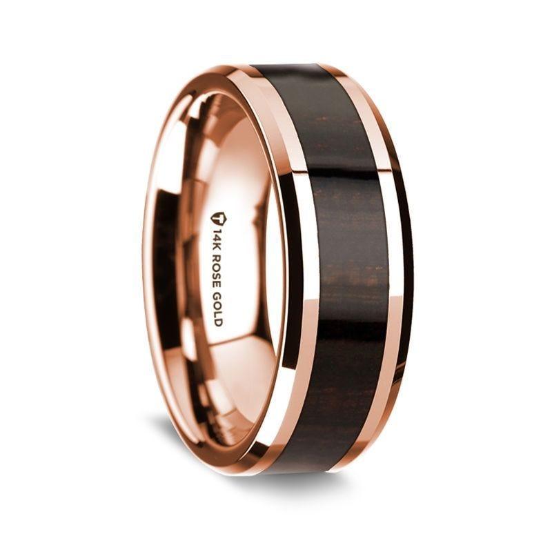 14K Rose Gold Polished Beveled Edges Wedding Ring with Ebony Wood Inlay - 8 mm - Thorsten Rings