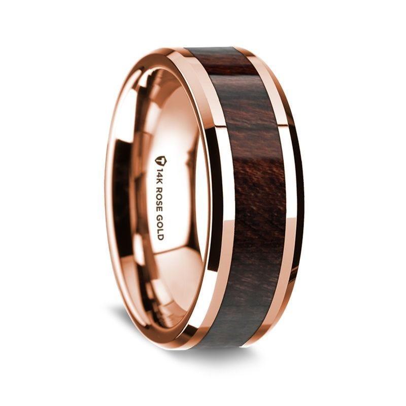 14K Rose Gold Polished Beveled Edges Wedding Ring with Bubinga Wood Inlay - 8 mm - Thorsten Rings