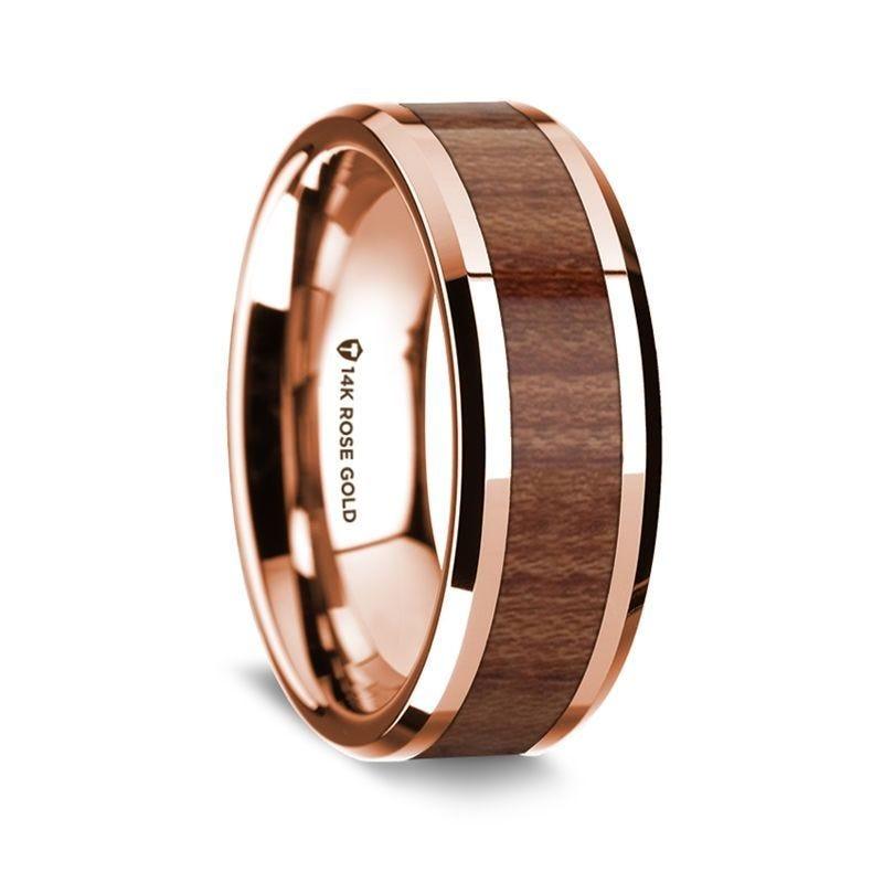 14K Rose Gold Polished Beveled Edges Wedding Ring with Rosewood Inlay - 8 mm - Thorsten Rings
