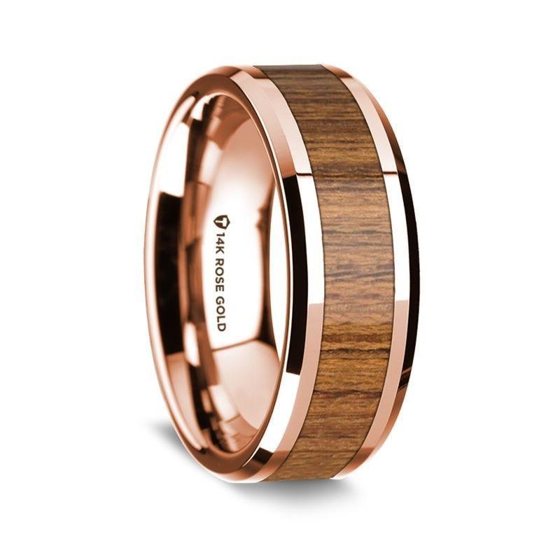 14K Rose Gold Polished Beveled Edges Wedding Ring with Teakwood Inlay - 8 mm - Thorsten Rings