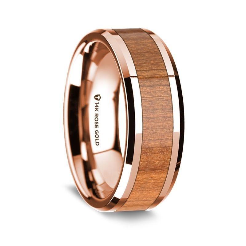 14K Rose Gold Polished Beveled Edges Wedding Ring with Cherry Wood Inlay - 8 mm - Thorsten Rings