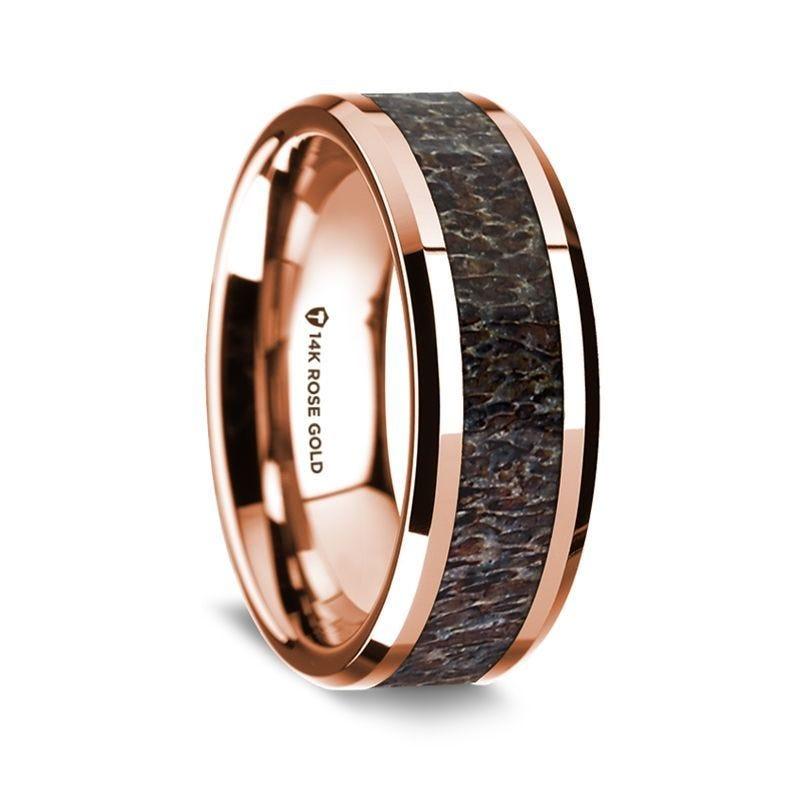 14K Rose Gold Polished Beveled Edges Wedding Ring with Dark Deer Antler Inlay - 8 mm - Thorsten Rings